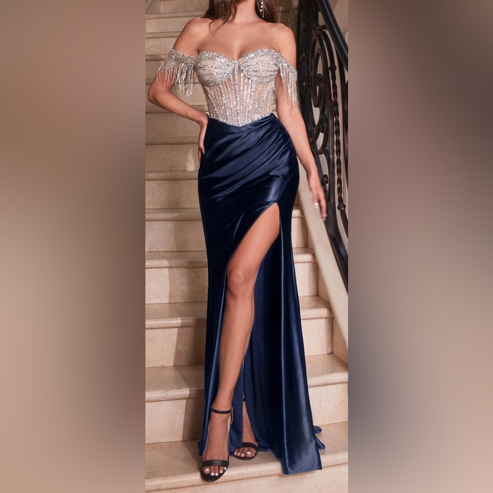 Elegant Navy Blue Satin Gown with High Slit
